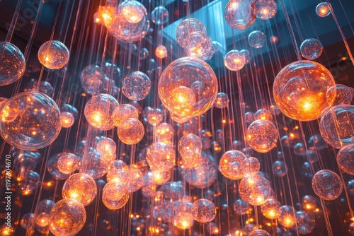 Hanging glass spheres illuminated with warm light create a stunning visual di...
