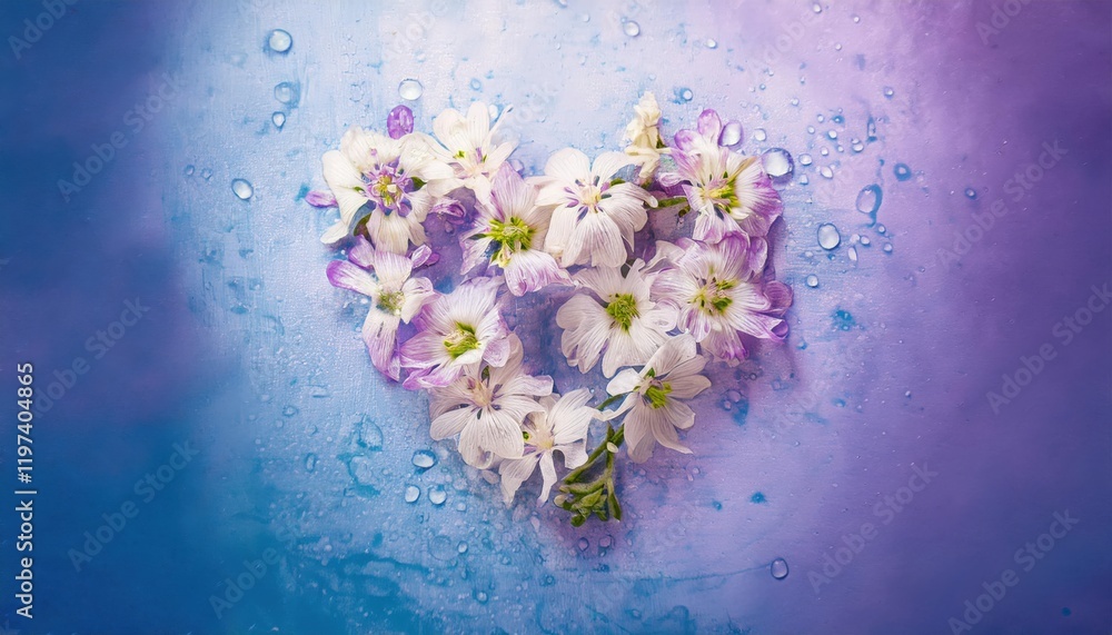 Delicate heart shape formed by vibrant flowers with gentle dew drops on a colorful background Delicate heart shape formed by vibrant flowers with gentle dew drops on a colorful background