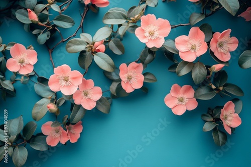 Pink flowers blooming against a teal background showcasing vibrant natural be...