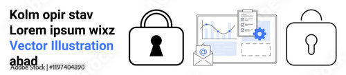 Padlock icons, documents with graphs, and an email with a security shield. Ideal for cybersecurity, data protection, online privacy, secure communication, encrypted data business security. Landing