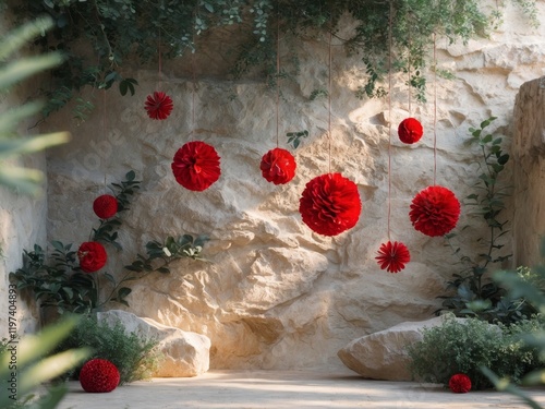 Elegant Red Decorations on Stone Wall in Tranquil Outdoor Setting photo