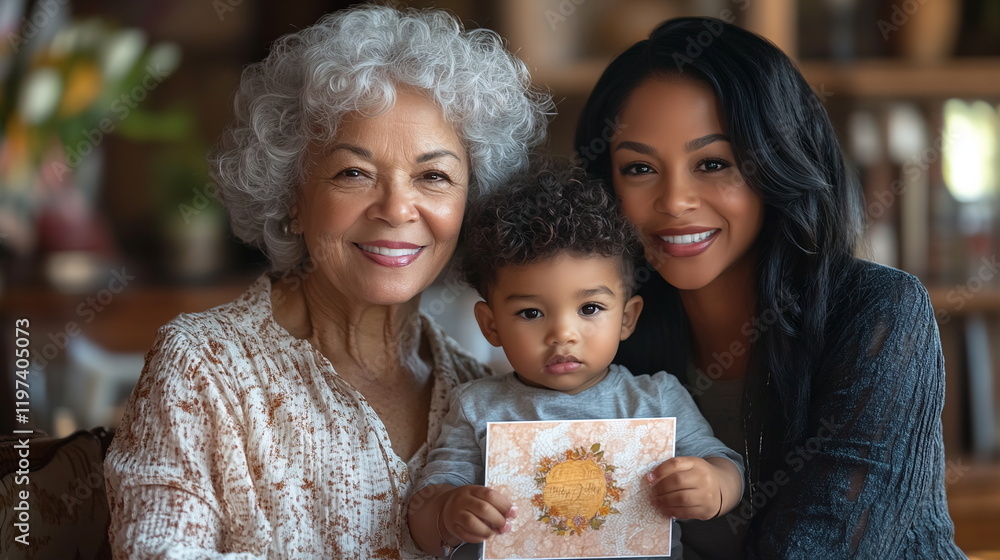 Joyful scene with grandmother with beige skin and gray curls holding toddler grandson with mocha skin and dark eyes, while mother with olive skin, black hair sits beside her holding Mother’s Day card Joyful scene with grandmother with beige skin and gray curls holding toddler grandson with mocha skin and dark eyes, while mother with olive skin, black hair sits beside her holding Mother’s Day card