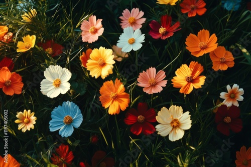 Bright sunny day with blooming daisies in a green field under a blue sky fill...