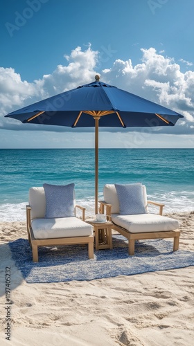 Relaxing beach chairs under a blue umbrella by the ocean with light clouds in...