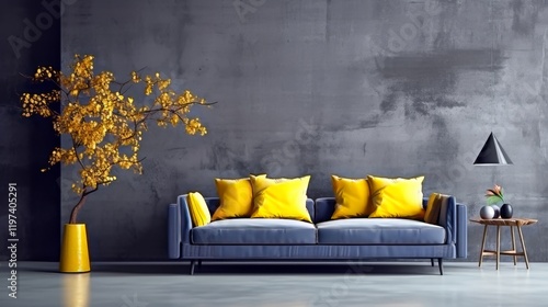 Modern living room with yellow accents and minimalistic decor in urban style photo