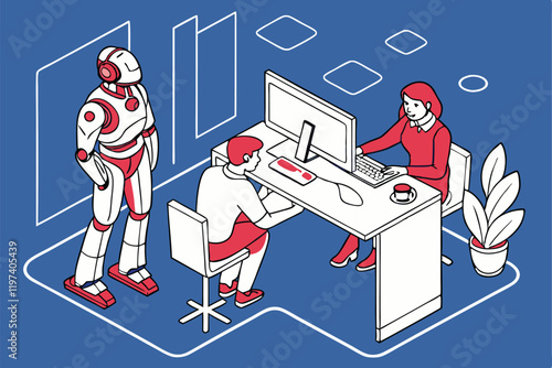 Humans and robots working together, office setting, blue background, flat illustration style, minimalist design, collaborative workspace, AI and human interaction, futuristic workplace, contrasting re