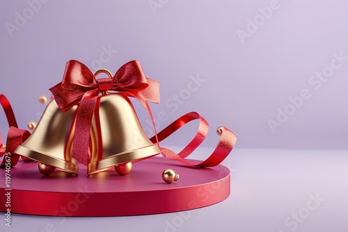 pair of Huge glossy shiny 3d golden Christian Christmas jingle bells with red ribbons patterns,jingle bells on a holiday bannerred podium, pale violet background