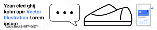 Chat bubble with three dots, sleek shoe icon, smartphone with data charts, and placeholder text. Ideal for e-commerce, fashion, technology, communication, data analysis, mobile apps, and digital