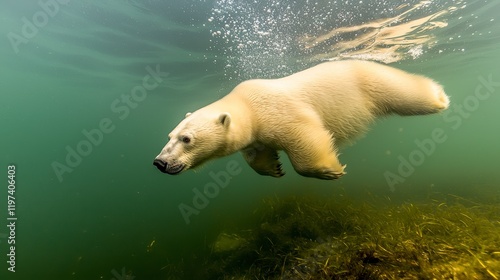 Majestic Polar Bear Swimming Gracefully Underwater Amongst Aquatic Vegetation in a Crystal-Clear Ocean Scene Captured with Stunning Clarity and Detail