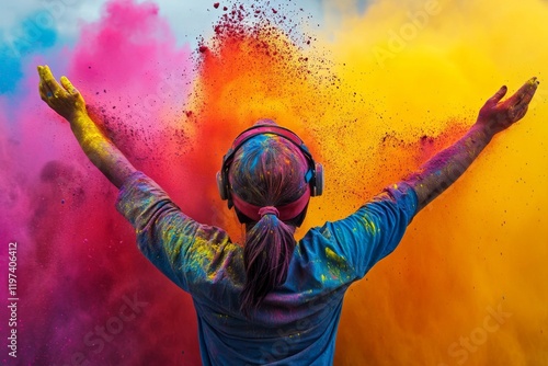 Colorful celebration of joy as people throw powder during a vibrant street fe...