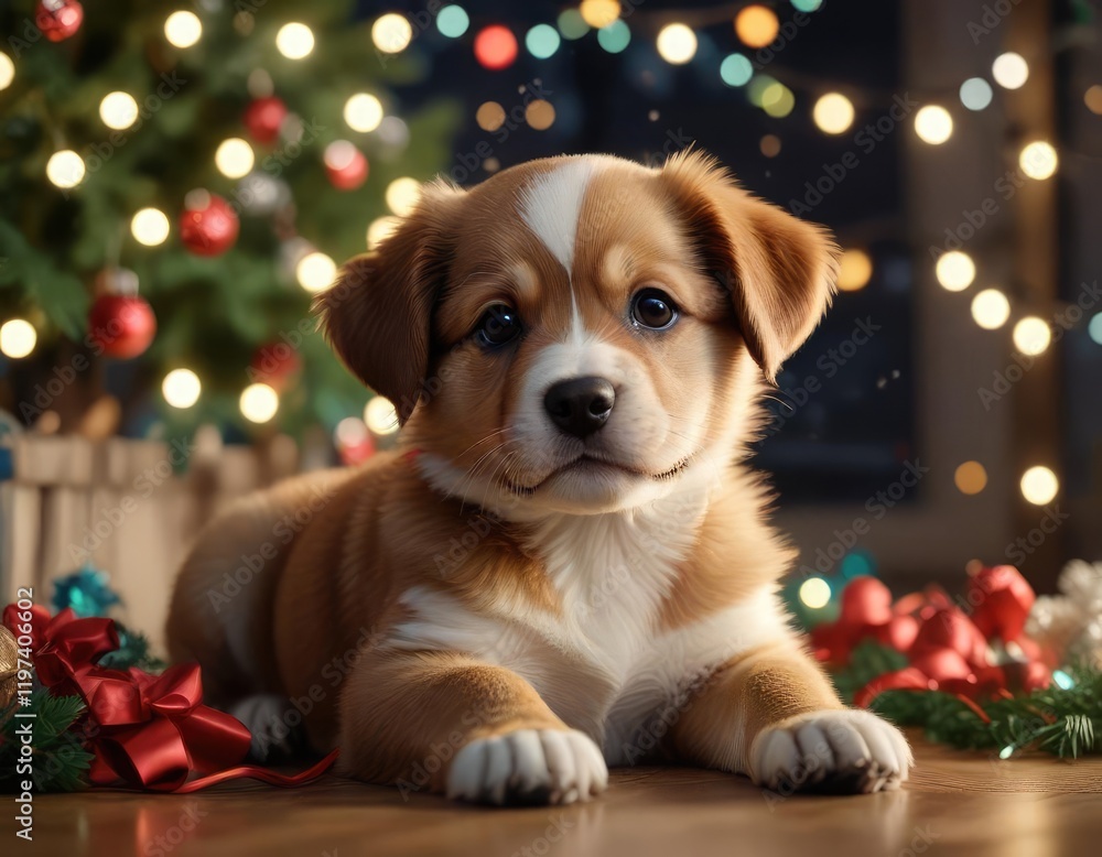 A happy puppy curls up among festive Christmas lights, peaceful scene , warm glow, festive ambiance A happy puppy curls up among festive Christmas lights, peaceful scene , warm glow, festive ambiance