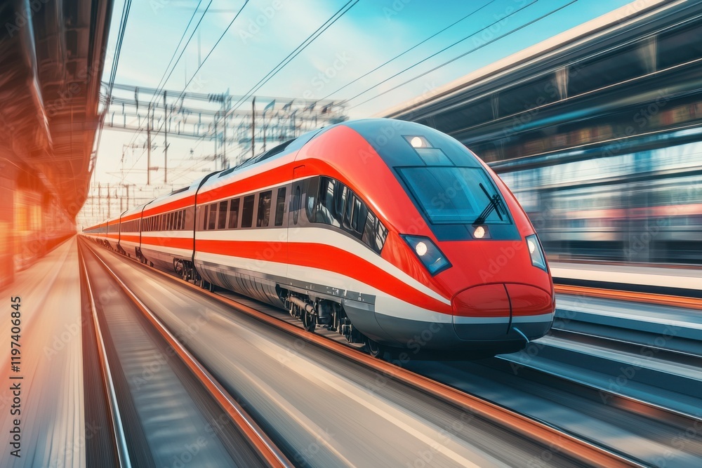Naklejka premium High-Speed Train in Motion on Urban Tracks Amidst Clear Blue Sky and Modern Infrastructure, Capturing the Essence of Modern Transportation Technology and Efficiency