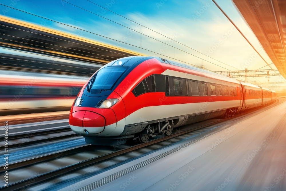 Fototapeta premium High-Speed Train in Motion Captured at Sunset with Blurred Background, Representing Modern Transportation and Travel Concepts