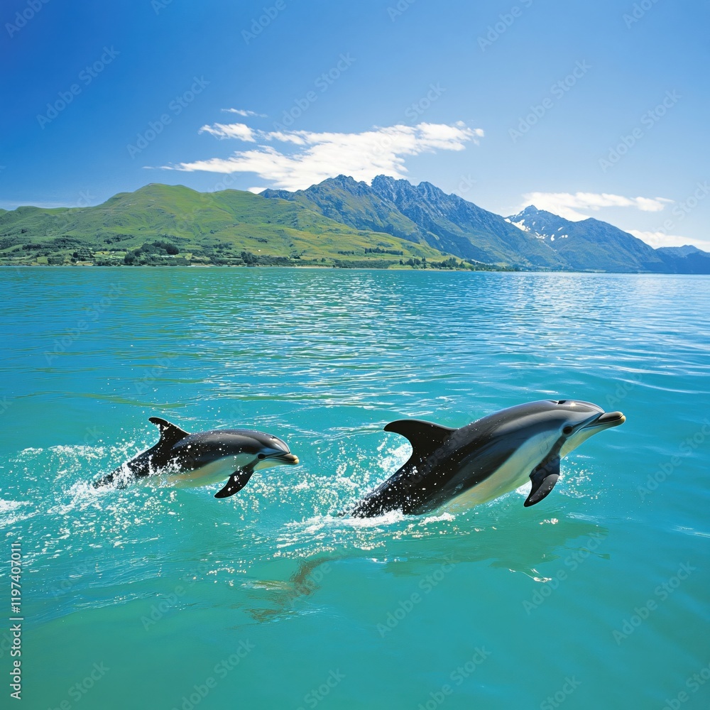 Fototapeta premium Two Dolphins Leap Joyfully in Turquoise Ocean with Majestic Mountain Backdrop