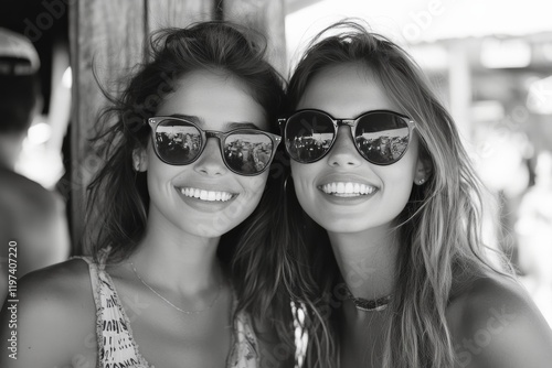 Friends enjoying a sunny day outdoors with stylish sunglasses and bright smil...