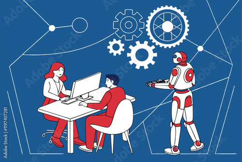 Humans and robots working together, office setting, blue background, flat illustration style, minimalist design, collaborative workspace, AI and human interaction, futuristic workplace, contrasting re