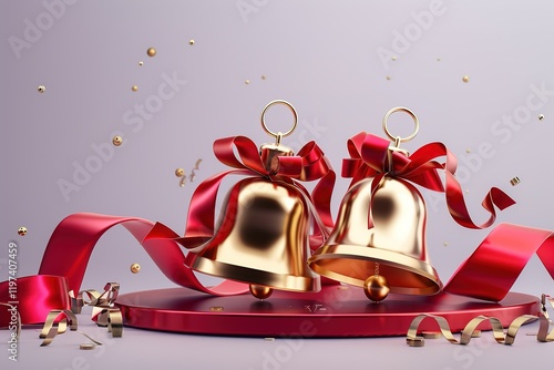 pair of Huge glossy shiny 3d golden Christian Christmas jingle bells with red ribbons patterns,Wire Christmas bell ornamentsred podium, pale violet background photo