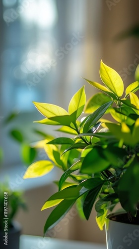 Lush green leaves with varying shades creating a vibrant natural pattern on a...