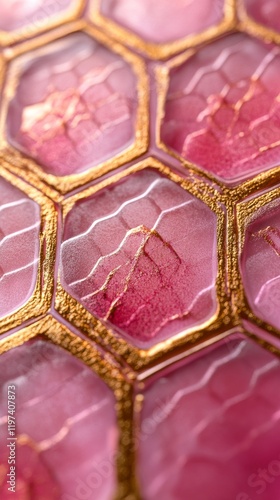 Close up view of vibrant pink hexagonal structures with detailed textures und...