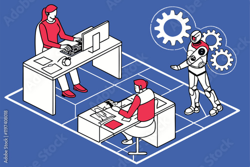 Humans and robots working together, office setting, blue background, flat illustration style, minimalist design, collaborative workspace, AI and human interaction, futuristic workplace, contrasting re