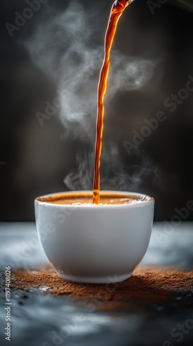 Pouring hot coffee into a white cup with steam rising in a cozy setting