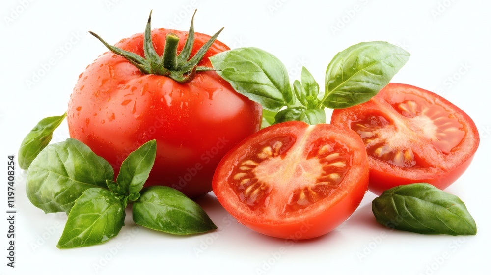 Isolated on white background a full tomato next to a slice revealing contrast between skin and flesh Stock Photo with side copy space Isolated on white background a full tomato next to a slice revealing contrast between skin and flesh Stock Photo with side copy space