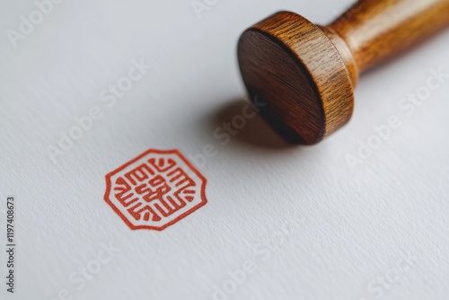 Wooden stamp imprinting red design on textured paper, minimalist background, for branding or stationery