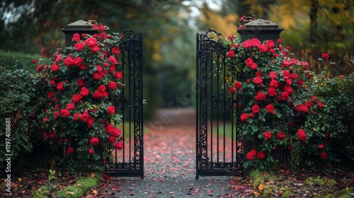 Charming garden pathway framed by blooming roses and wrought iron gate in a s...