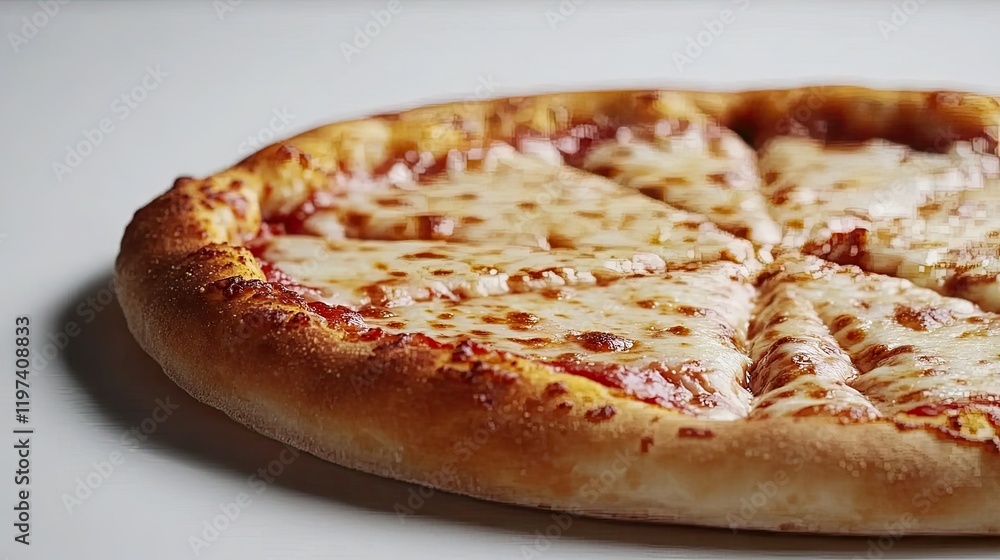 A cheese pizza with a shiny, golden crust, highlighted against a pure white background A cheese pizza with a shiny, golden crust, highlighted against a pure white background