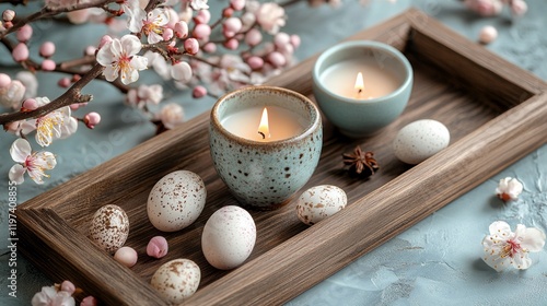 Beautiful spring arrangement with blossoms, decorative eggs, and a candle on ...