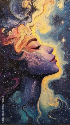 Young figure stands amongst cosmic clouds illuminated by vibrant stellar colo...