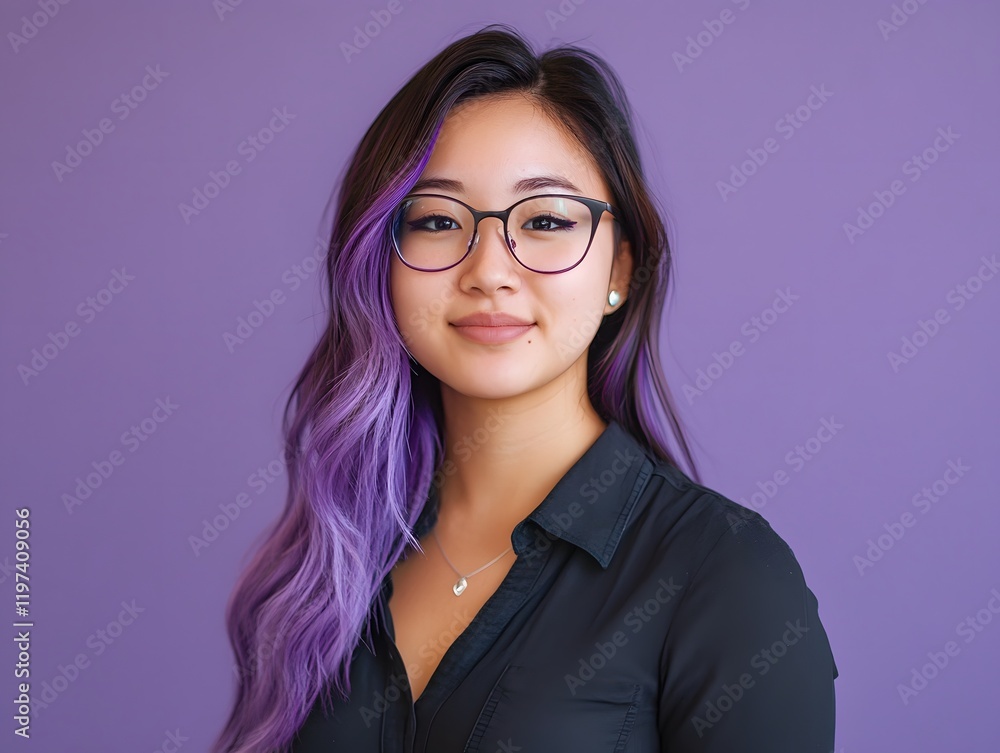 Fototapeta premium Stylish Woman with Lavender Hair, Glasses, and Serene Expression