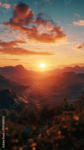 Sun setting over mountain range creating a vibrant skyline at dusk
