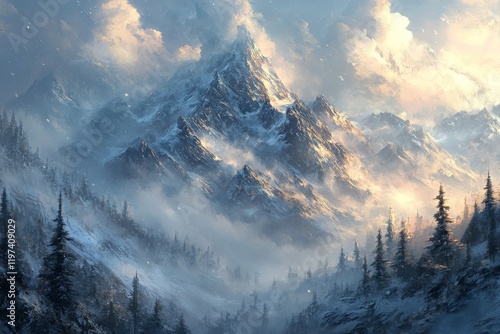 Snowy mountain landscape with clouds and clear blue sky at daytime in winter