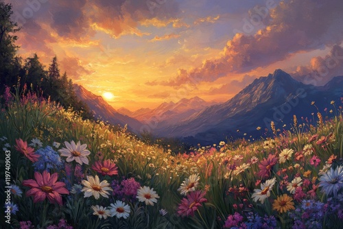 Cute kitten explores a flower-filled meadow during golden hour light