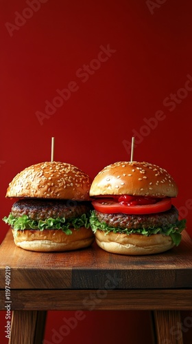 Tasty burgers served on a wooden board against a vibrant red background in a ...