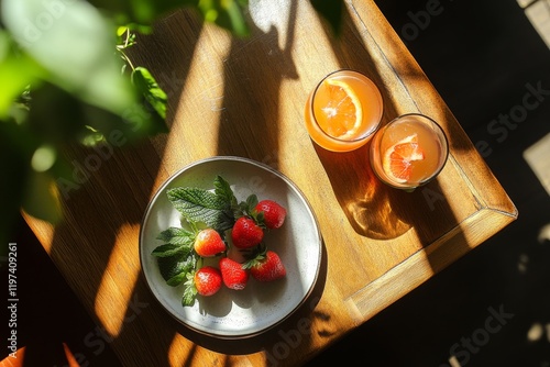 Refreshing strawberry cocktail with fresh strawberries on a wooden table at a...