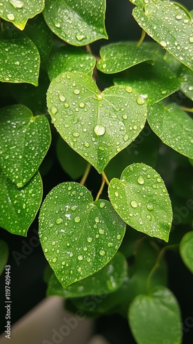 Fresh green leaves glistening with raindrops in a vibrant garden during early...
