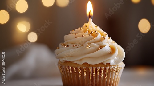 Pink birthday cupcakes with candles. Beautiful lights at background. Happy b-day