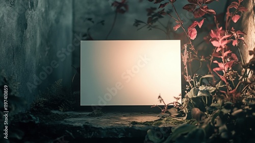 Blank canvas in serene outdoor setting surrounded by plants and gentle light for creative expression. Generative AI photo