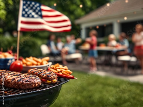 Summer bbq celebration with grilled meat and american flag in backyard family gathering outdoor fun