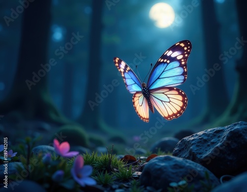 Magical Blue Butterfly in Moonlight Forest photo