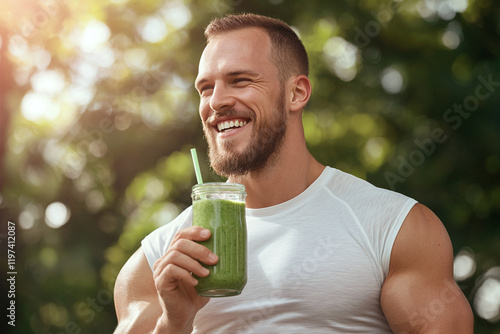 Obraz na płótnie fit man with defined muscles enjoys green smoothie outdoors, radiating happiness and health. sunlight enhances vibrant atmosphere w salonie