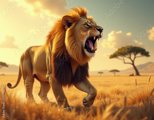 Majestic Roaring Lion in African Savanna at Sunset