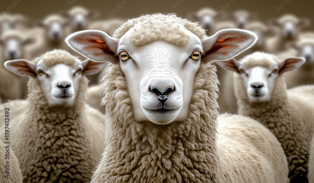 Fototapeta premium Close-up of a curious sheep standing among a flock in a rural landscape during daytime