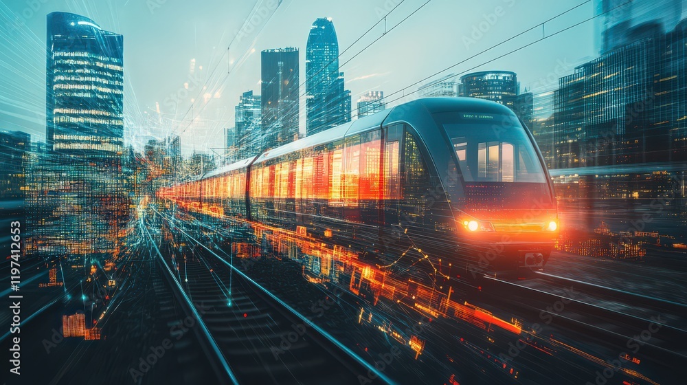 Fototapeta premium A creative double exposure of a train silhouette blended with an urban skyline and global network imagery.