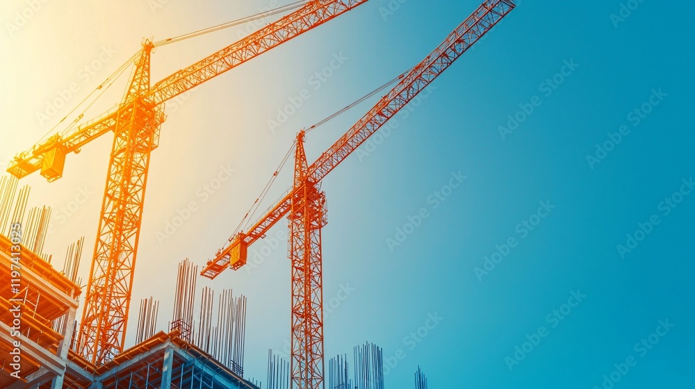 Two construction cranes against a bright sky during a building project. Two construction cranes against a bright sky during a building project.