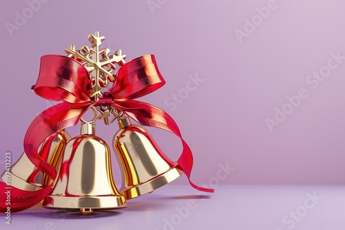 pair of Huge glossy shiny 3d golden Christian Christmas jingle bells with red ribbons patterns,Snowflake-shaped Christmas jingle bellsred podium, pale violet background