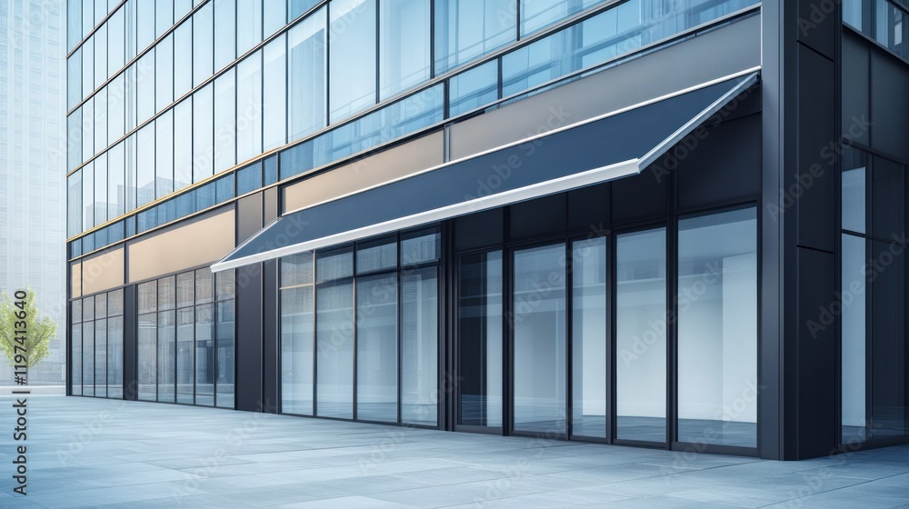 Modern Building with Commercial Storefront and Retractable Awnings Modern Building with Commercial Storefront and Retractable Awnings