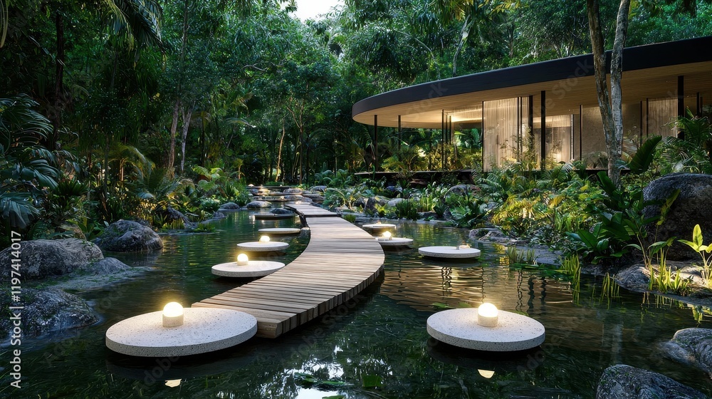 Fototapeta premium Tranquil Pathway Through a Serene Garden Surrounded by Muted Greenery and Reflections